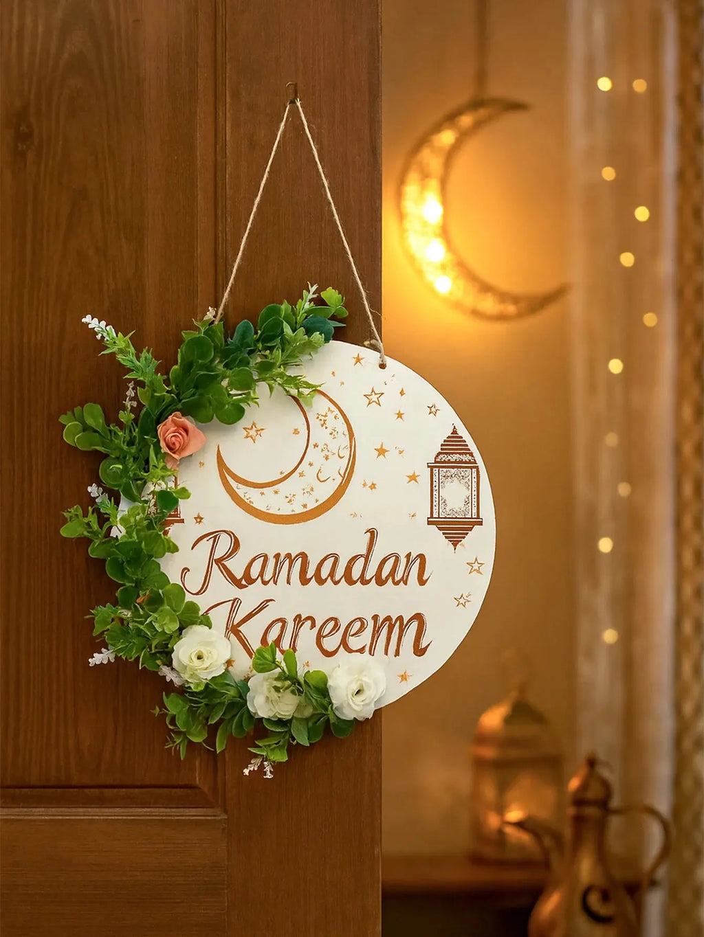 Floral Ramadan Kareem Hanging Door Sign – Moon & Star Lantern Decor for Home Noels Strive