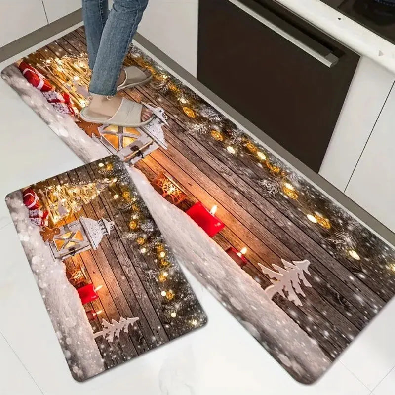 Christmas Snow Scene Kitchen Rug Set – 2-Piece Holiday Welcome Mat for Living Room Noels Strive