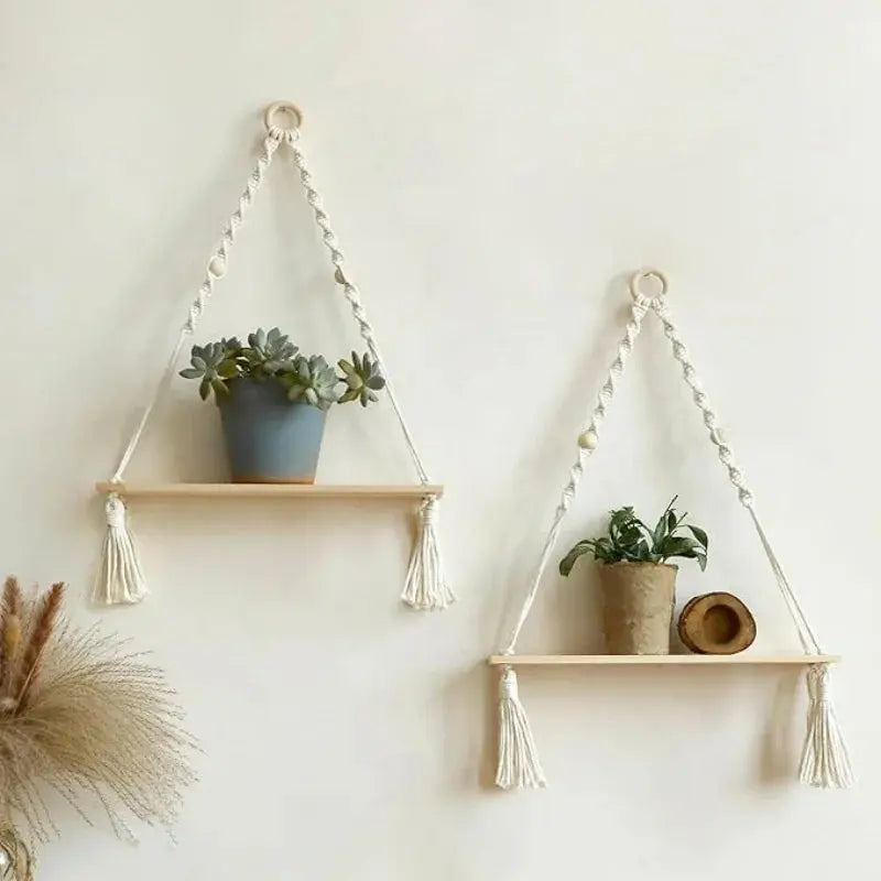 Boho Wooden Macrame Floating Shelf – Rustic Hanging Plant Display Home Decor Noels Strive