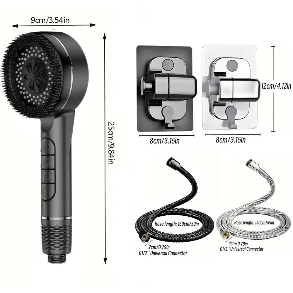 High Pressure 4-Mode Self-Cleaning Shower Head – Massage Silicone Brush & Filter Noels Strive