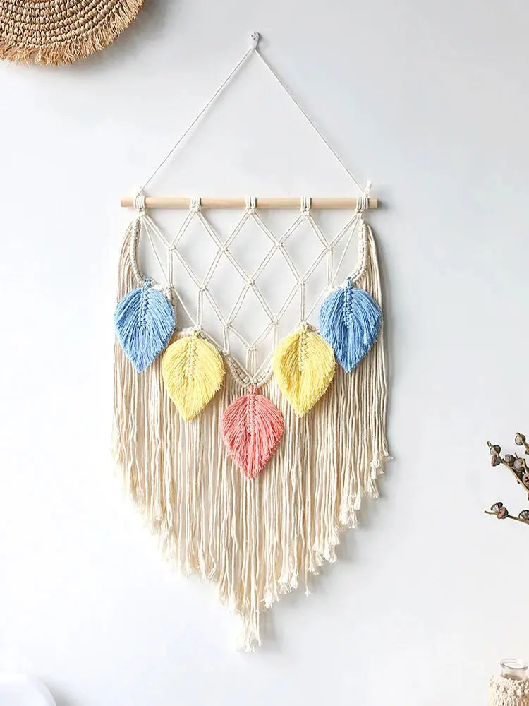 Boho Hand-Woven Multicolor Leaves Macrame – Nordic Wall Hanging with Wooden Noels Strive