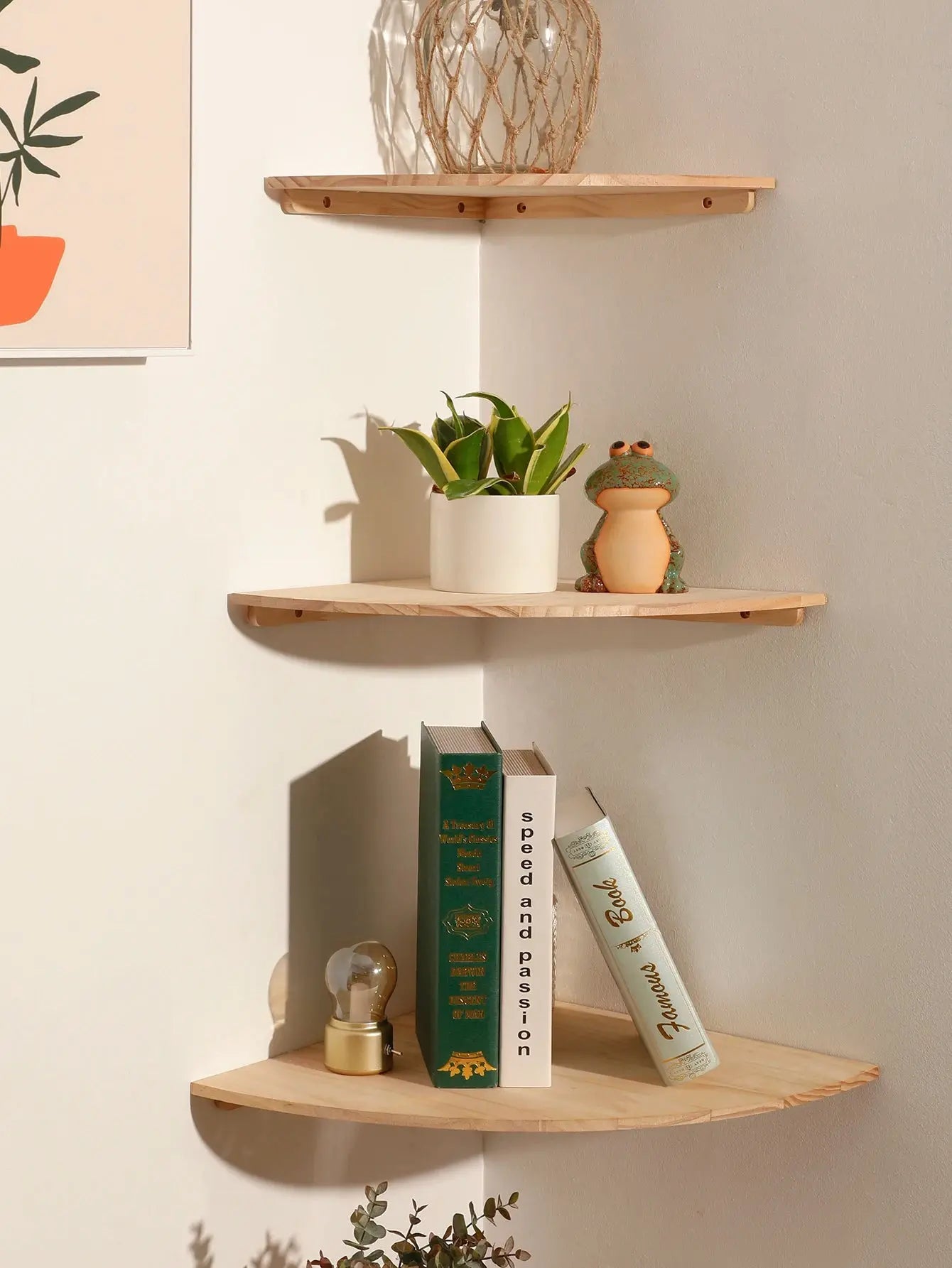 Modern Round Wooden Corner Shelf Floating Wall-Mounted Storage Living Room Noels Strive