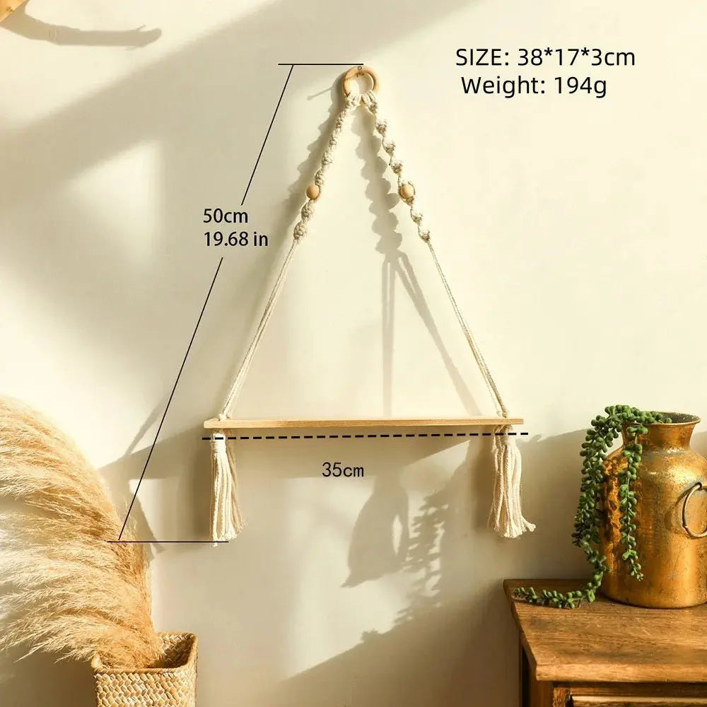 Boho Wooden Macrame Floating Shelf – Rustic Hanging Plant Display Home Decor Noels Strive