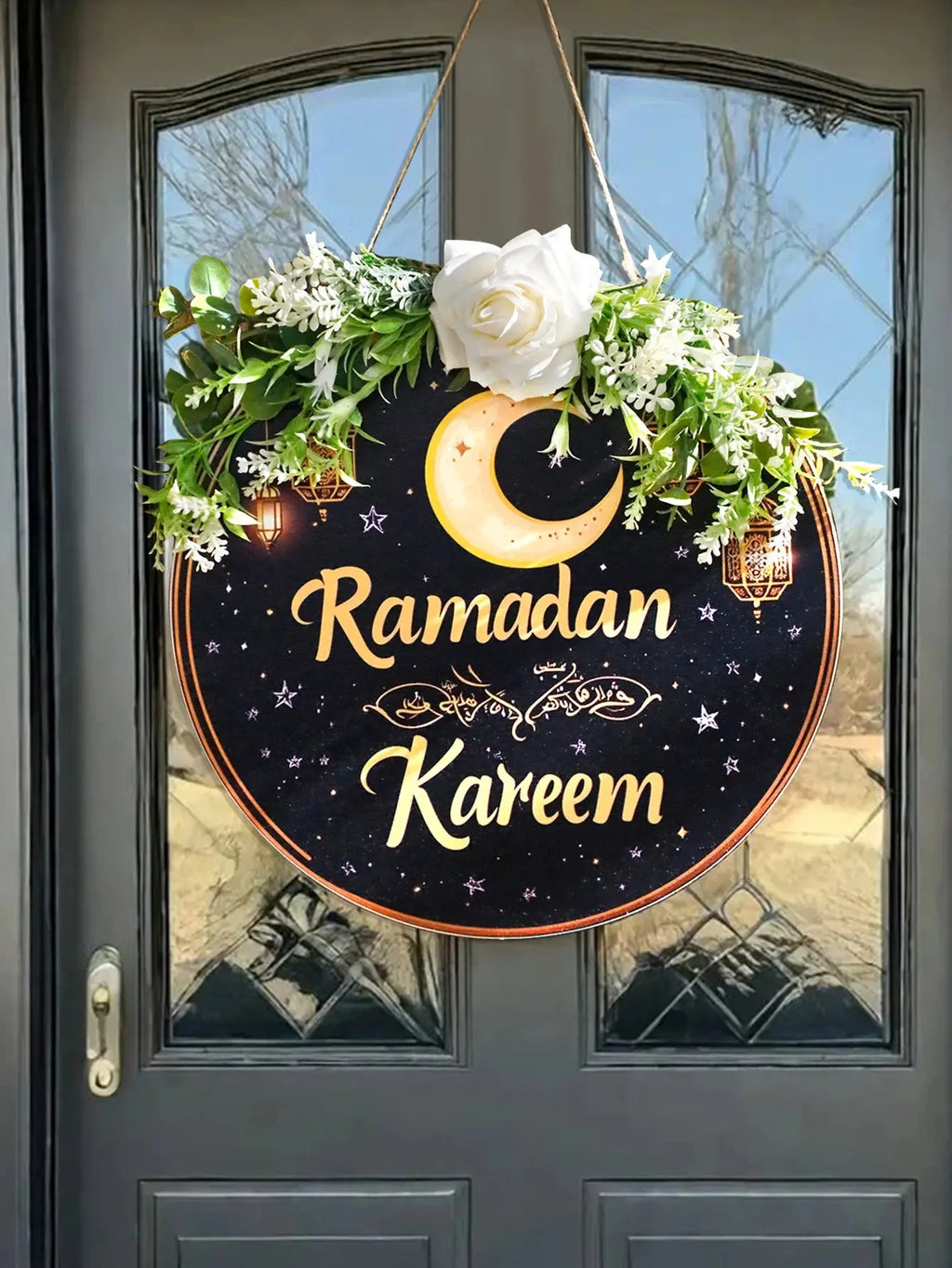 Floral Ramadan Kareem Hanging Door Sign – Moon & Star Lantern Decor for Home Noels Strive