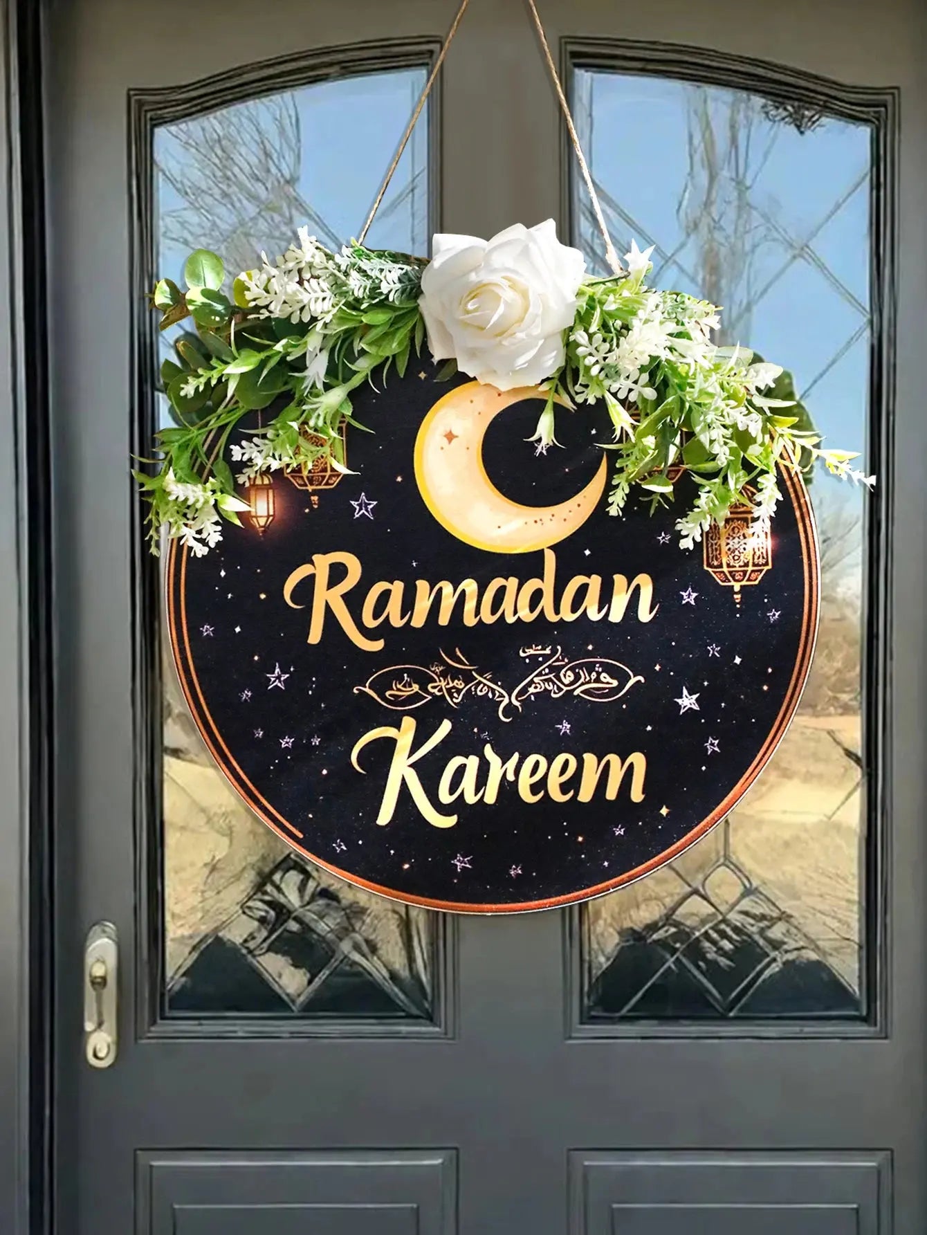 Floral Ramadan Kareem Hanging Door Sign – Moon & Star Lantern Decor for Home Noels Strive