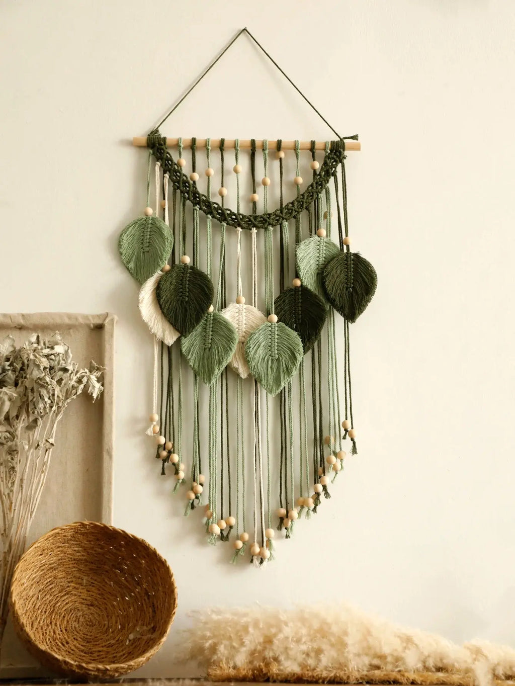 Boho Hand-Woven Multicolor Leaves Macrame – Nordic Wall Hanging with Wooden Noels Strive