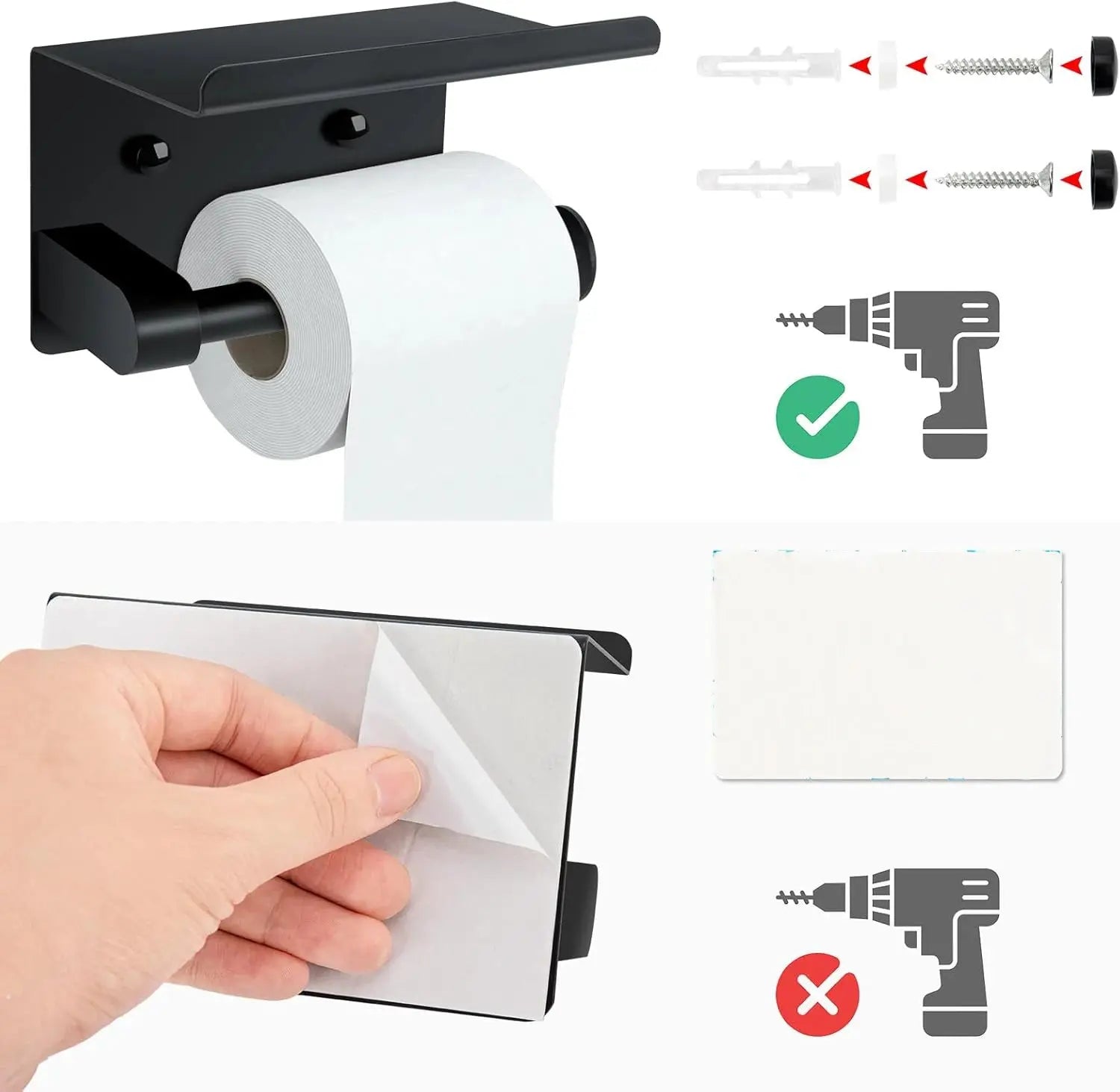 Self-Adhesive Stainless Steel Toilet Paper Holder with Phone Shelf – Wall-Mounted Organizer Noels Strive
