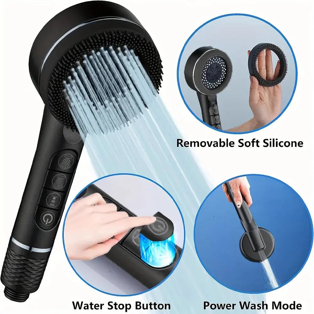 High Pressure 4-Mode Self-Cleaning Shower Head – Massage Silicone Brush & Filter Noels Strive