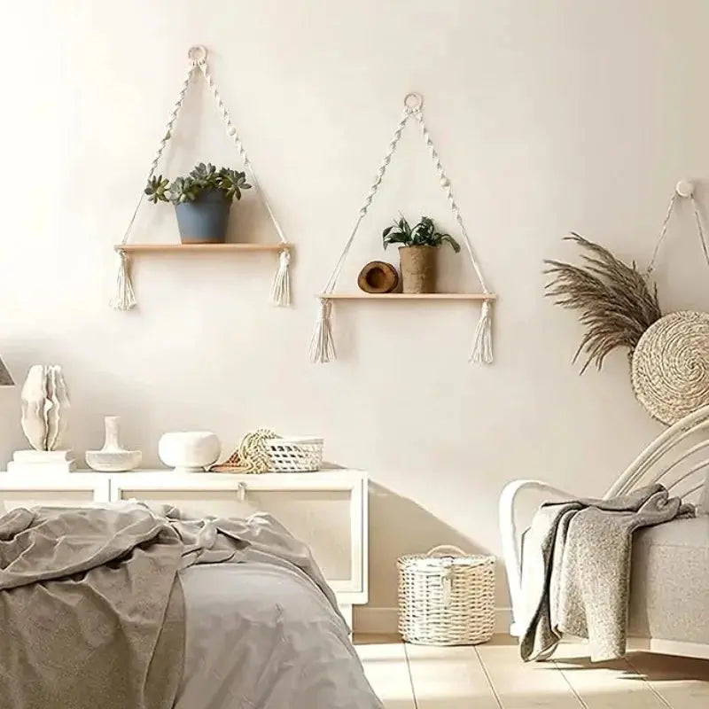 Boho Wooden Macrame Floating Shelf – Rustic Hanging Plant Display Home Decor Noels Strive