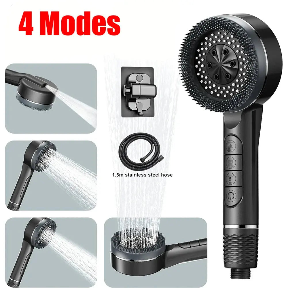 High Pressure 4-Mode Self-Cleaning Shower Head – Massage Silicone Brush & Filter Noels Strive