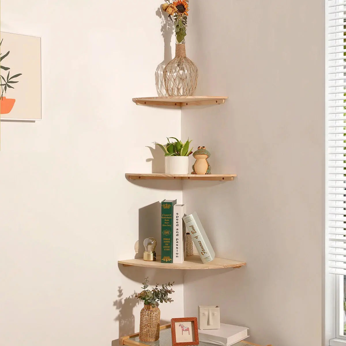 Modern Round Wooden Corner Shelf Floating Wall-Mounted Storage Living Room Noels Strive