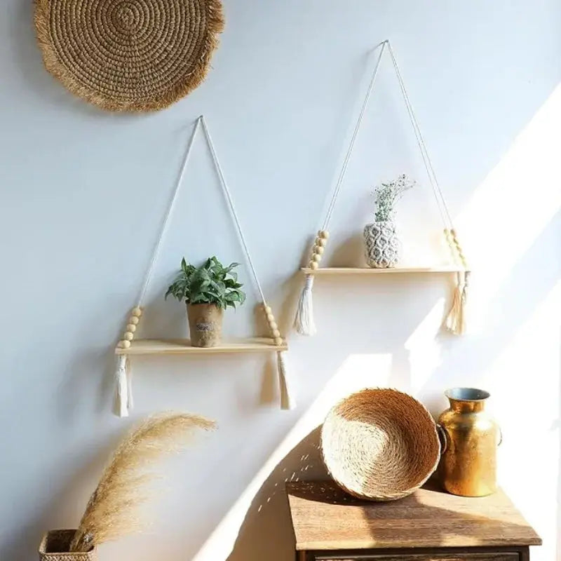 Boho Wooden Macrame Floating Shelf – Rustic Hanging Plant Display Home Decor Noels Strive