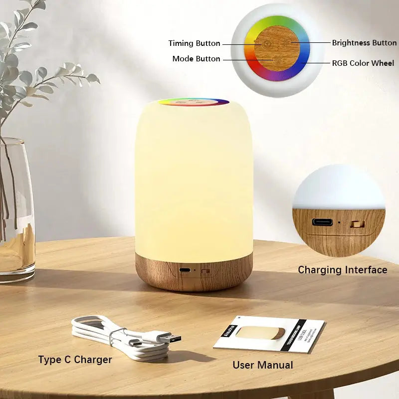 Dimmable RGB LED Touch Lamp – Wood Grain Table Light with Timer for Bedroom Noels Strive