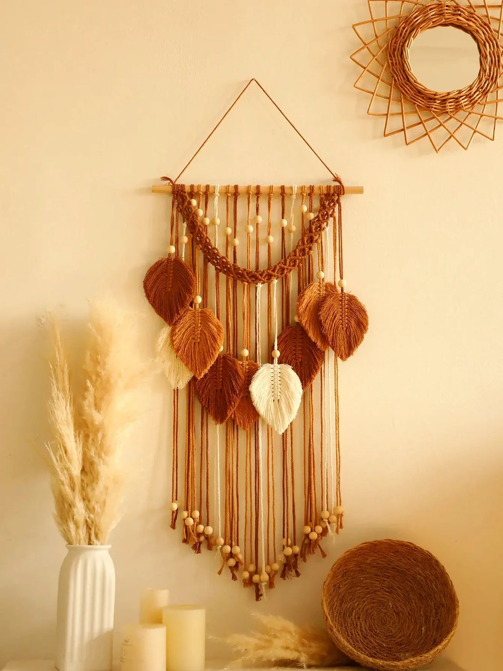 Boho Hand-Woven Multicolor Leaves Macrame – Nordic Wall Hanging with Wooden Noels Strive