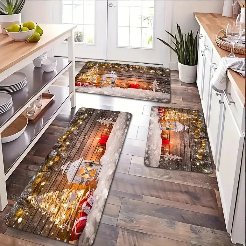 Christmas Snow Scene Kitchen Rug Set – 2-Piece Holiday Welcome Mat for Living Room Noels Strive