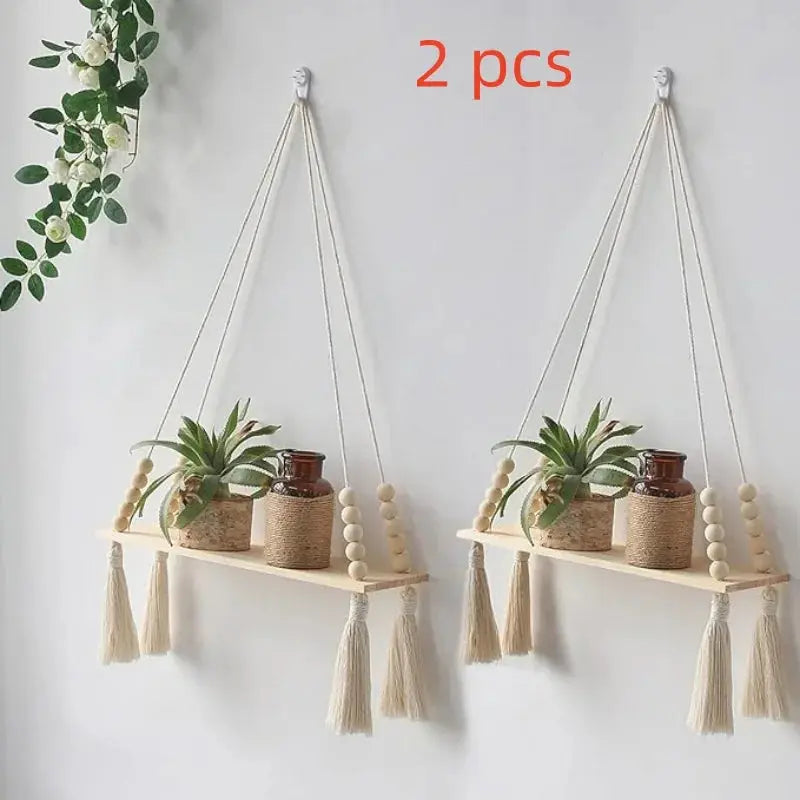 Boho Wooden Macrame Floating Shelf – Rustic Hanging Plant Display Home Decor Noels Strive