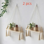 Boho Wooden Macrame Floating Shelf – Rustic Hanging Plant Display Home Decor Noels Strive