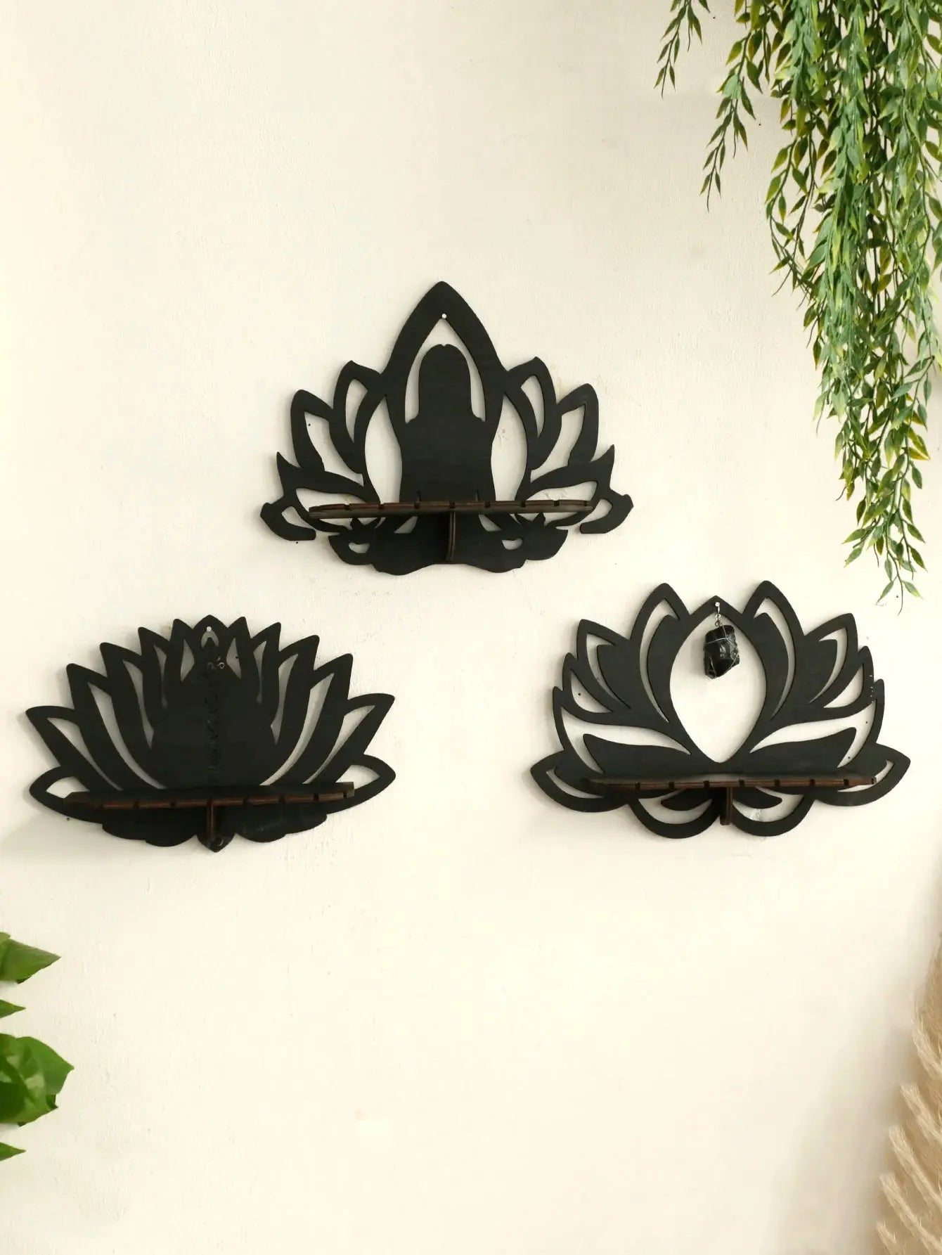 Lotus Crystal Wooden Display Shelf – Boho Black Floating Wall Shelf for Bedrooms Noels Strive