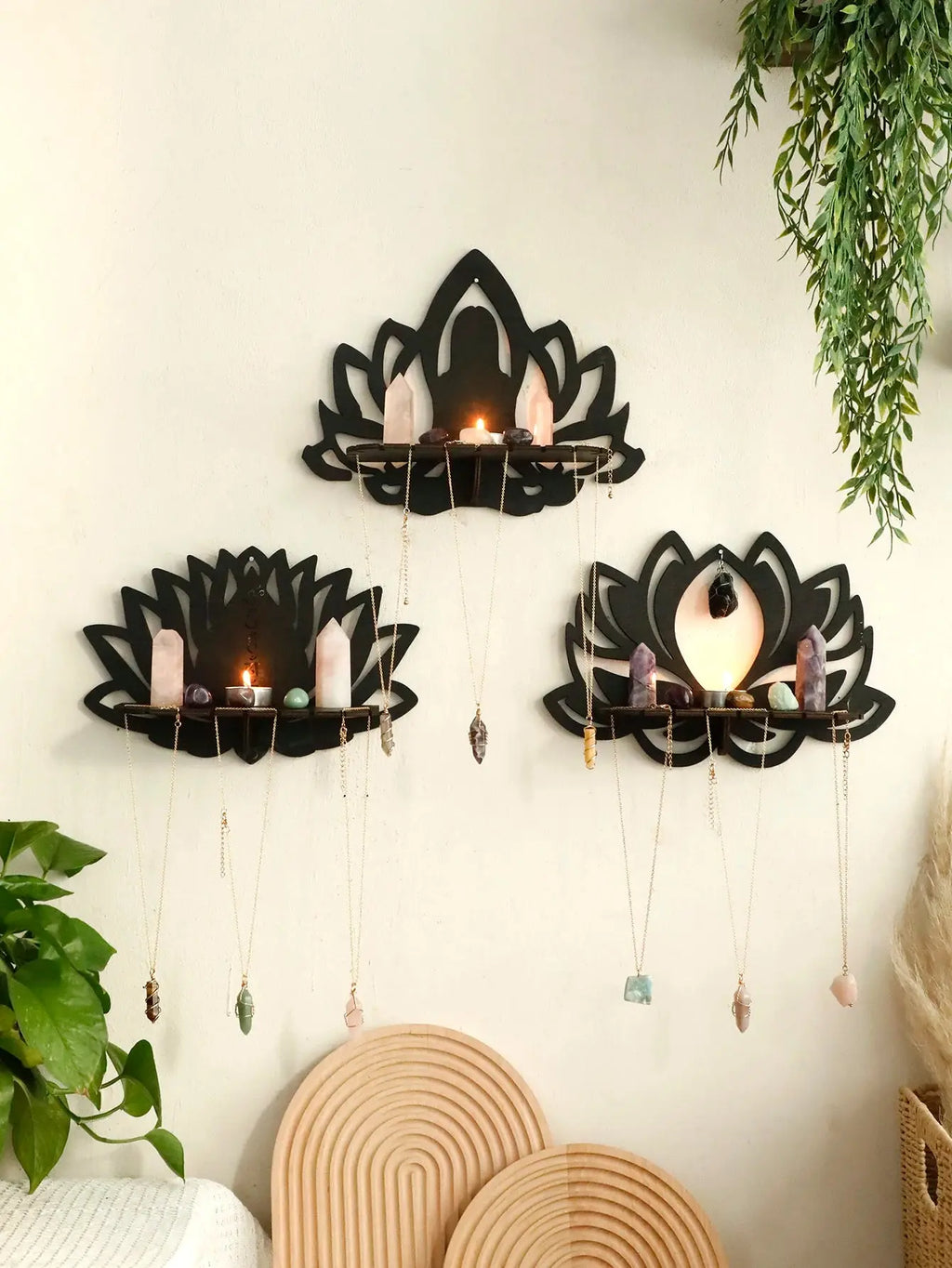 Lotus Crystal Wooden Display Shelf – Boho Black Floating Wall Shelf for Bedrooms Noels Strive