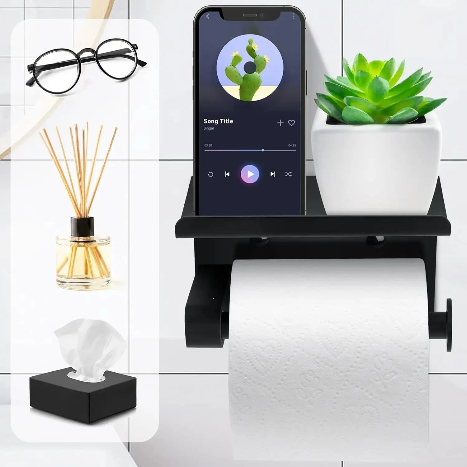 Self-Adhesive Stainless Steel Toilet Paper Holder with Phone Shelf – Wall-Mounted Organizer Noels Strive