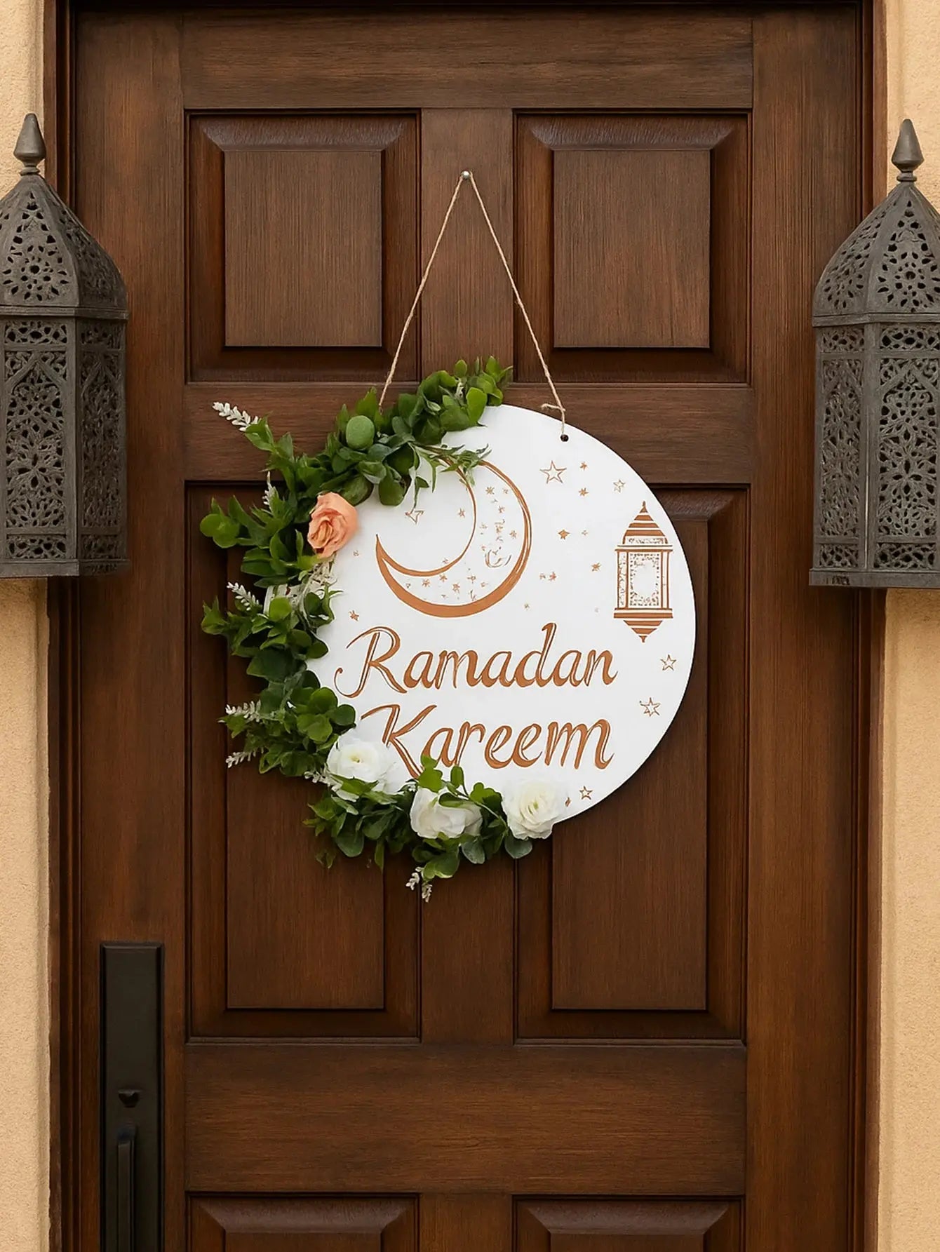 Floral Ramadan Kareem Hanging Door Sign – Moon & Star Lantern Decor for Home Noels Strive