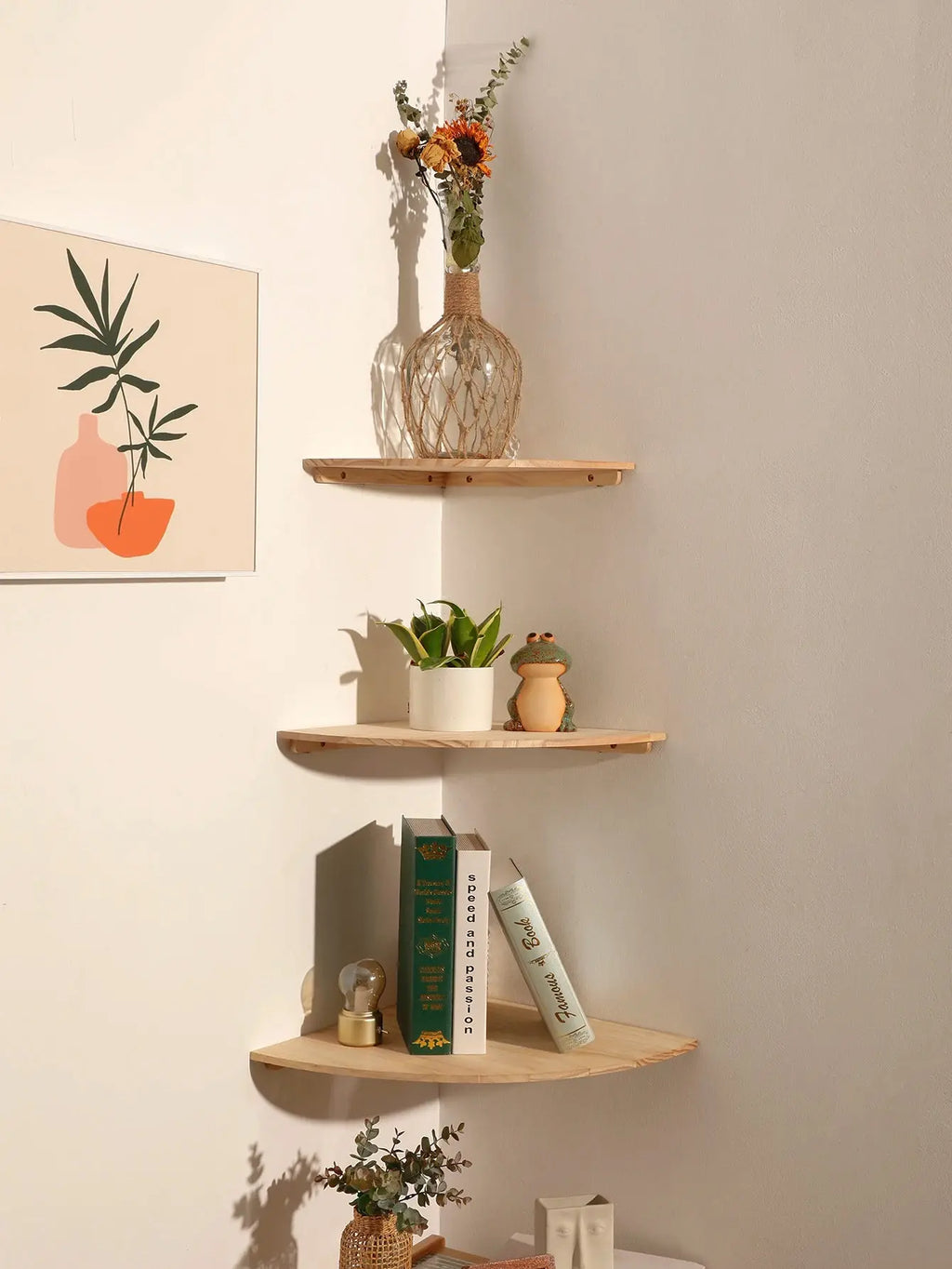 Modern Round Wooden Corner Shelf Floating Wall-Mounted Storage Living Room Noels Strive