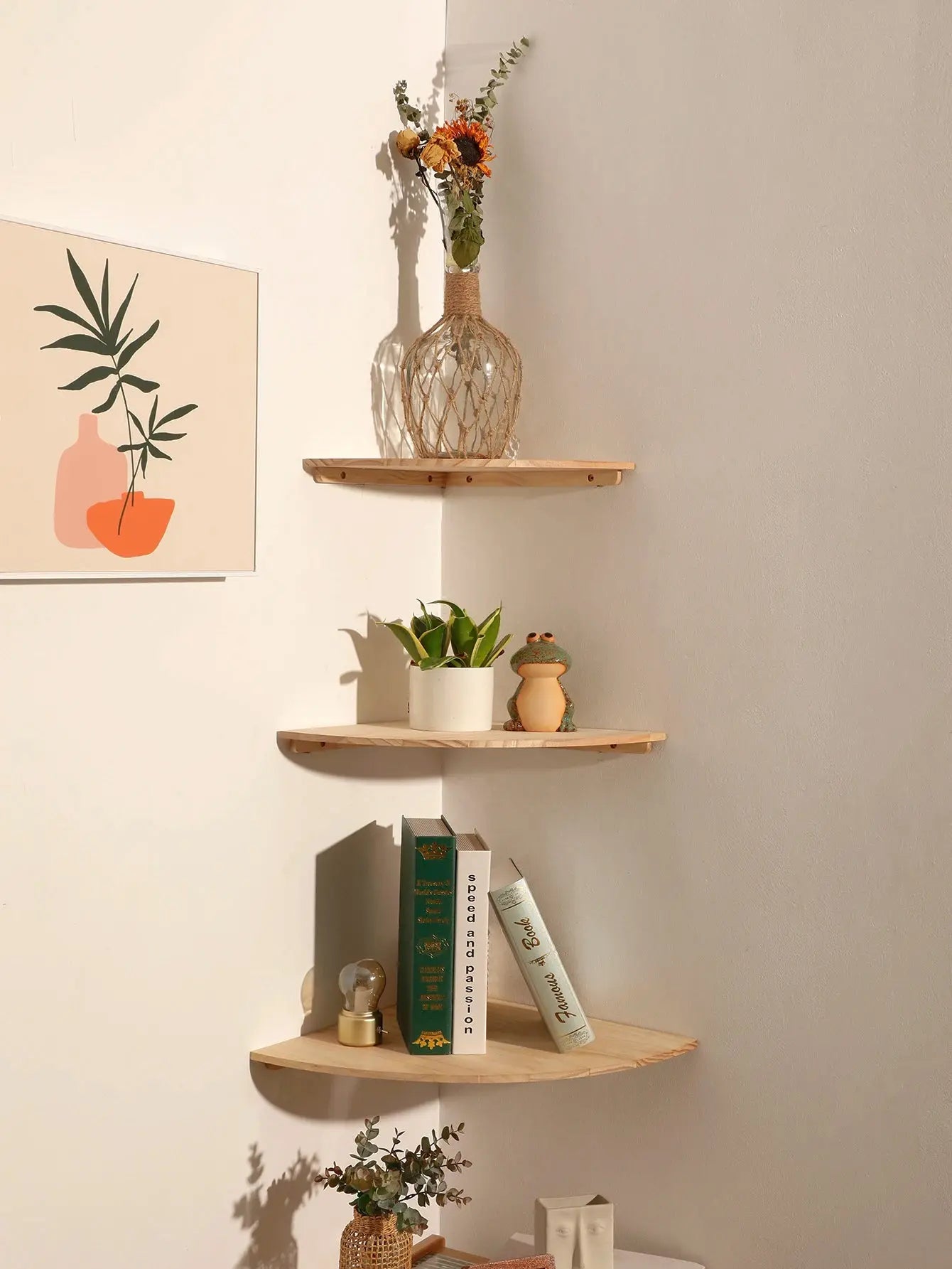 Modern Round Wooden Corner Shelf Floating Wall-Mounted Storage Living Room Noels Strive